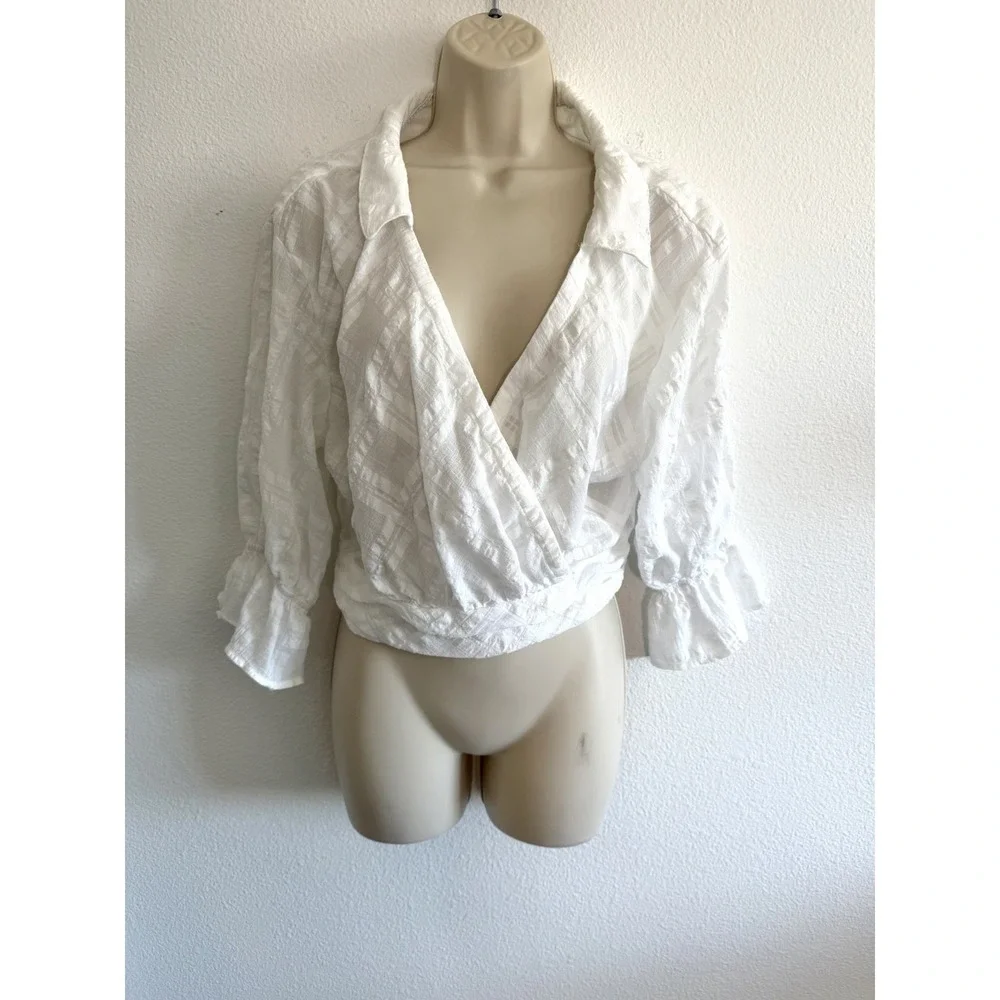 Anthropologie White Gauze Wrap Top Sz S 3/4 Puff Sleeve Collared Light Romantic